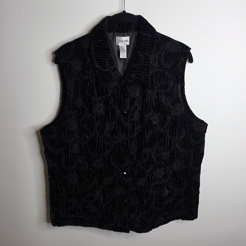 Chico's Velvet Silk Blend Vest Women Size 3 Black Floral Embroidered Button Up